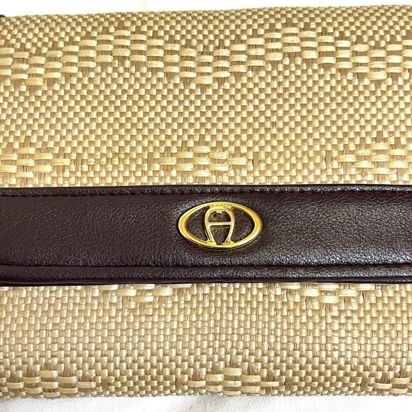 Etienne Aigner Clutch Wallet Woven Straw Leather Trim Crossbody Detachable Strap - Picture 15 of 15